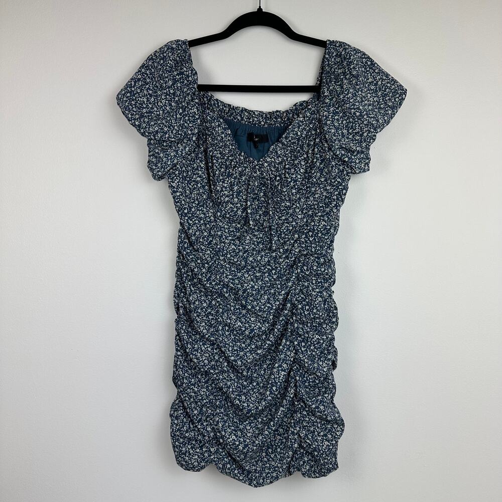 Lulus Womens Short Flutter Sleeve Ruched Front Tie Lined Floral Blue Dress 1